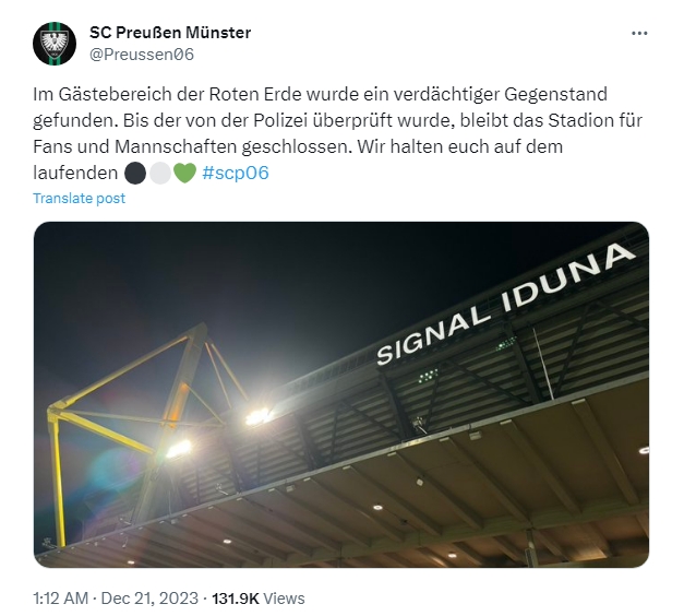  球场出现不明爆炸物：明斯特VS多特2队德丙比赛被迫推迟